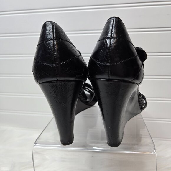 Franco Sarto Women's Size 7 M Black Leather Wedge Sandals Heels Peep Toe Buckle - Picture 5 of 11